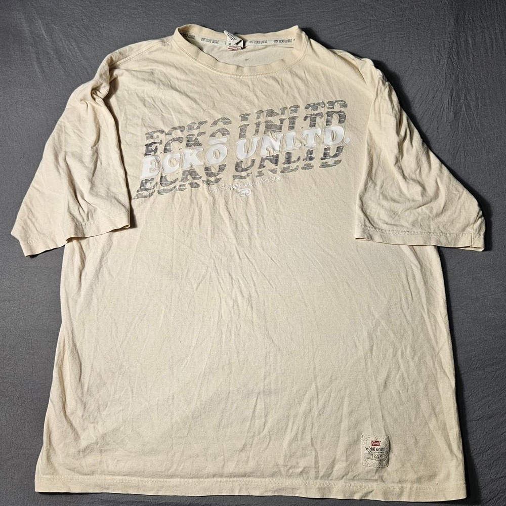Ecko Unltd Mens T-Shirt XL Cream Tonal Logo Print Classic Tee Y2K Streetwear
